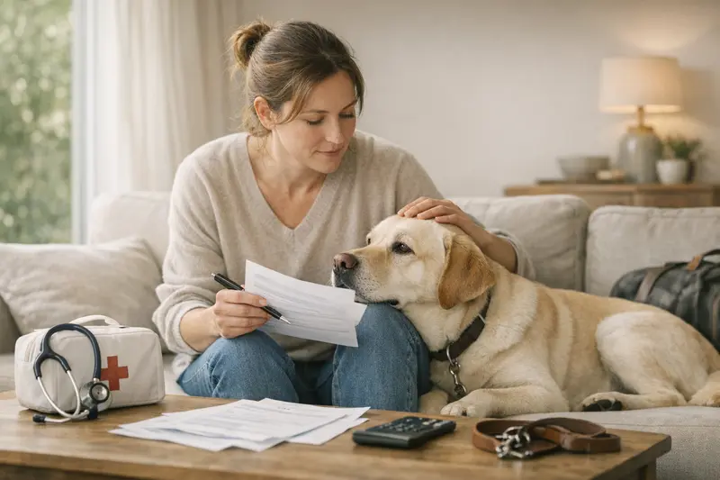 Hundeversicherung: Haftpflicht oder Krankenversicherung? Ein Hund spielt glücklich im Park, während die Besitzerin sich über Haftpflicht- und Krankenversicherung informiert.