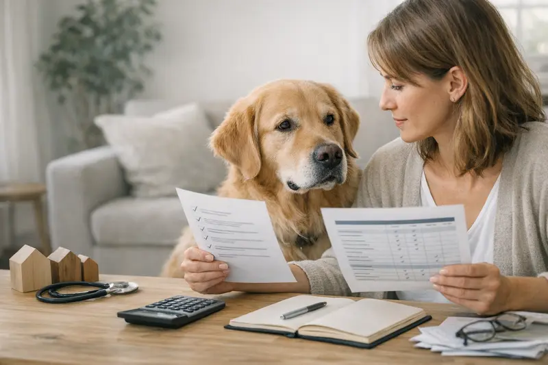 Tarifvergleich Tierversicherungen Hundehalter vergleicht verschiedene Tarife von Tierversicherungen am Laptop.