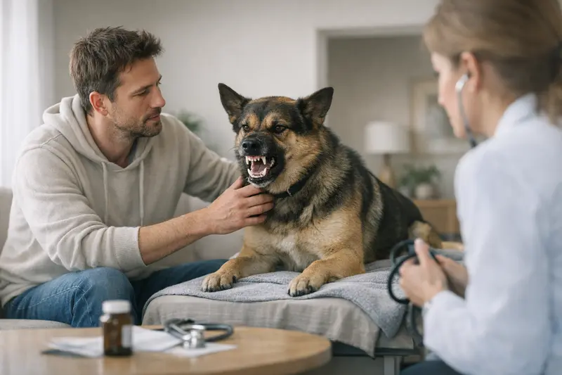 Ein Hundebesitzer bespricht mit einem Tierarzt die Möglichkeiten einer Haftpflicht- und Krankenversicherung für seinen Hund.