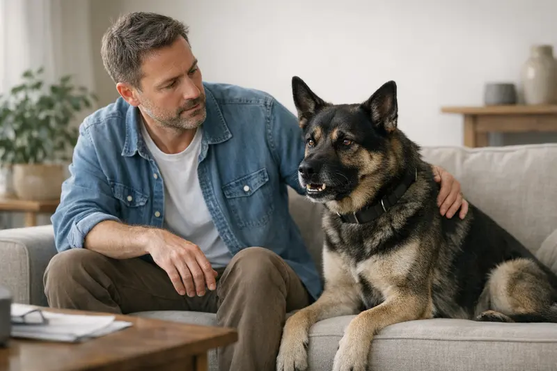 Ein Hund mit einem ernsten Blick, der Aggressionsprobleme zeigt und darüber nachdenkt, wie er versichert werden kann.