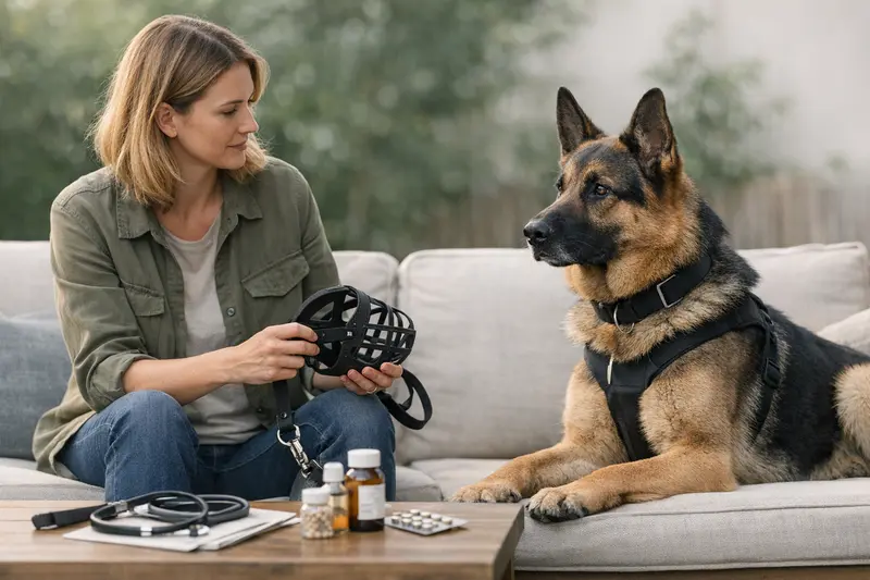 Wichtige Tarifdetails bei Hundeverhalten Verantwortungsbewusster Hundebesitzer prüft wichtige Tarifdetails der Haftpflicht- und Krankenversicherung für seinen Hund.