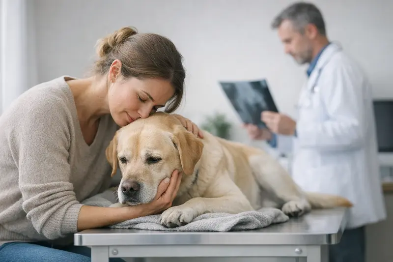 Tierarztuntersuchung bei Schmerzen - Hundekrankenversicherung Ein Hund wird von einem Tierarzt untersucht, während die Tierfreundin besorgt zusieht.