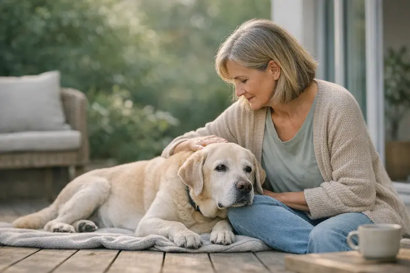 Seniorer Hund auf Decke Seniorer Hund liegt entspannt auf einer Decke und schaut aufmerksam.