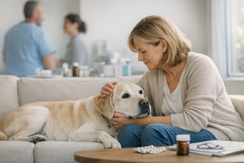 Hundegesundheit und OP-Absicherung bei älteren Hunden Älterer Hund wird von einem Tierarzt untersucht, um die Notwendigkeit einer OP-Absicherung zu besprechen.