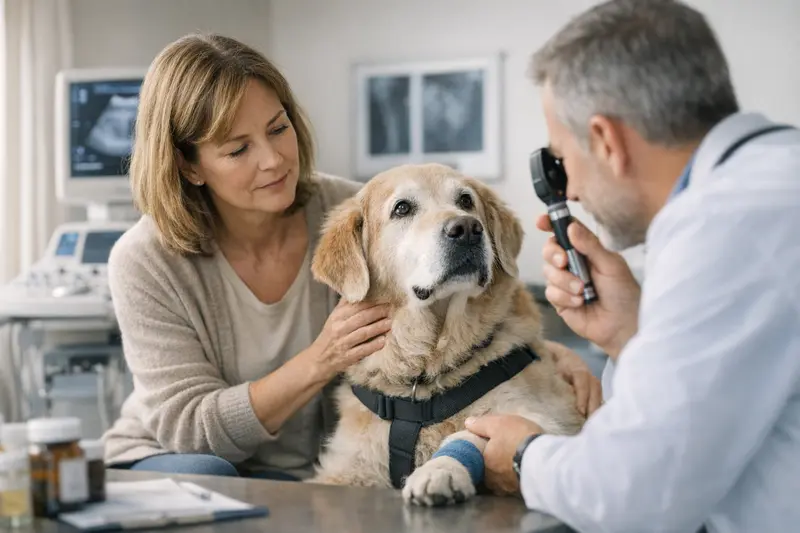 Tierarztkosten im Alter bei Hunden Tierarzt untersucht einen älteren Hund auf mögliche Gesundheitsprobleme.