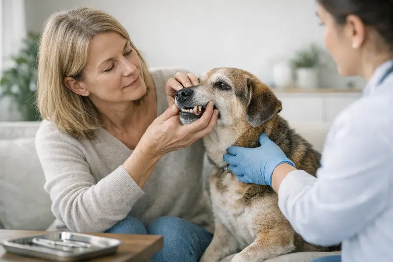 Älterer Hund beim Tierarzt für eine Zahnuntersuchung.