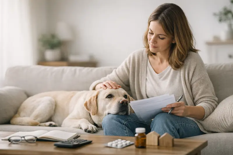 Tarifvergleich Hundekrankenversicherungen Ein Hundebesitzer vergleicht verschiedene Tarife für Hundekrankenversicherungen am Laptop.