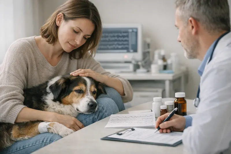 Hund mit Anfall beim Tierarzt Ein Hund erleidet einen Anfall und wird vom Tierarzt untersucht.