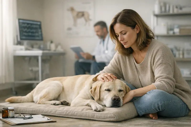Hund und Tierarztgespräch über Vorerkrankungen Ein Hundebesitzer spricht mit einem Tierarzt über Vorerkrankungen und Anfälle seines Hundes.