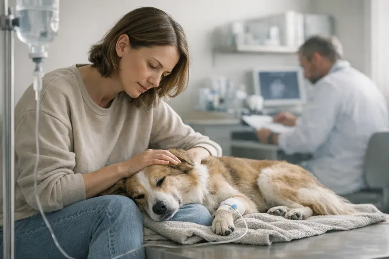 Tarifvergleich Hundekrankenversicherung Eine glückliche Hundebesitzerin vergleicht Tarife für eine Hundekrankenversicherung am Laptop.