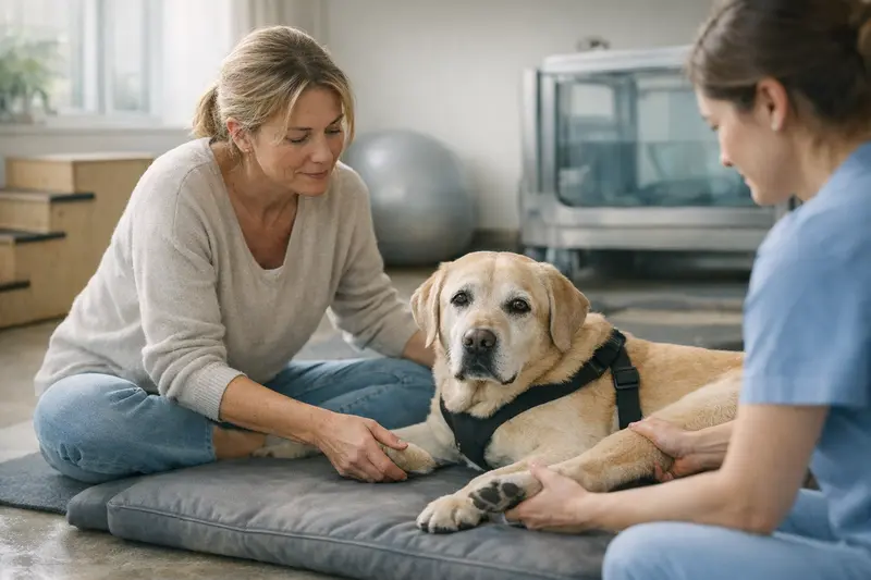 Ein Hund mit Arthrose erhält eine Physiotherapie, um seine Beweglichkeit zu verbessern.