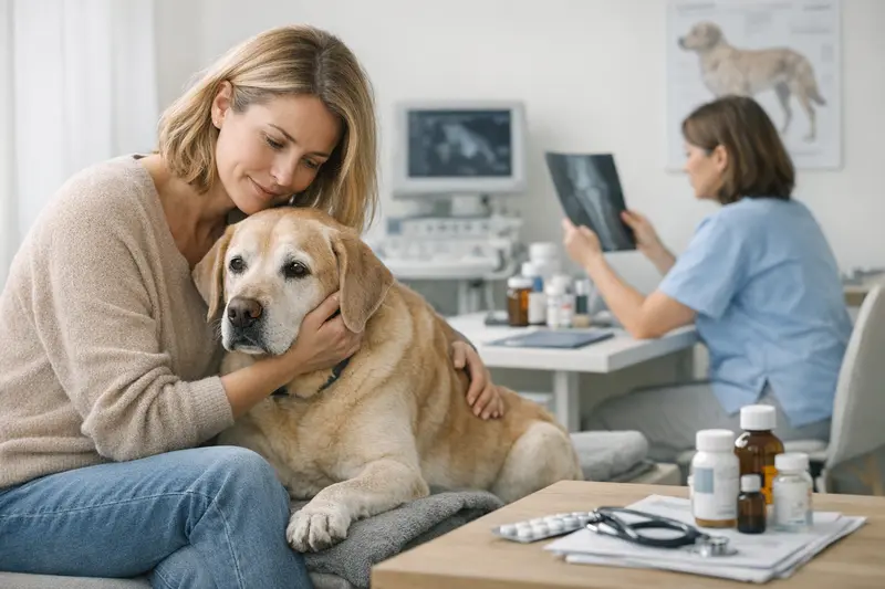 Ein Hund beim Tierarzt, der auf mögliche Arthrose-Behandlungen untersucht wird.