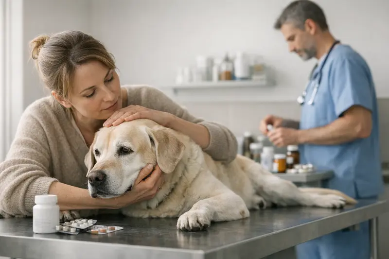 Tierarztbesuch Hund Arthrose Hund beim Tierarzt zur Untersuchung wegen Arthrose.
