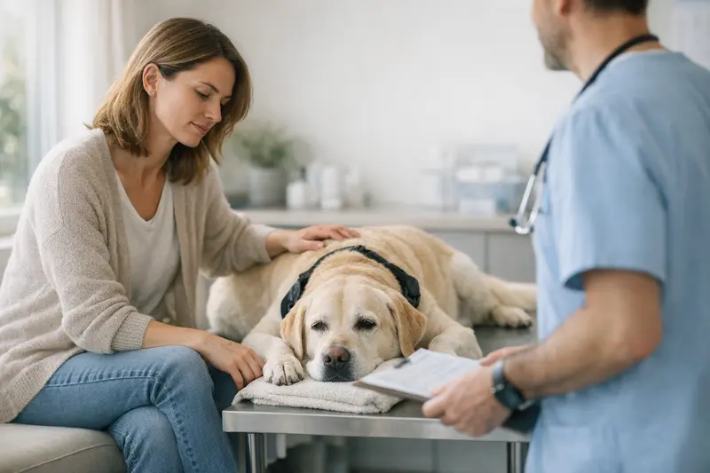 Vorerkrankungen und Wartezeiten bei Hundeverischerungen Ein Hundebesitzer bespricht mit einem Tierarzt die Versicherungsdetails und Vorerkrankungen seines Haustiers.