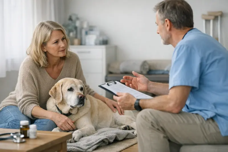 Ein älterer Hund erhält eine tierärztliche Untersuchung zur Tariffindung für Tierkrankenversicherungen.