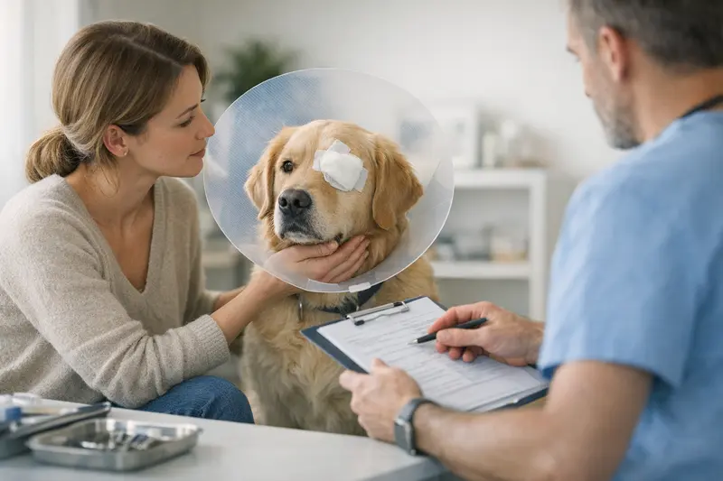 Tierarztberatung zur Augenoperation bei Hunden Ein Tierarzt erklärt eine Augenoperation für Hunde, während die Besitzerin aufmerksam zuhört.