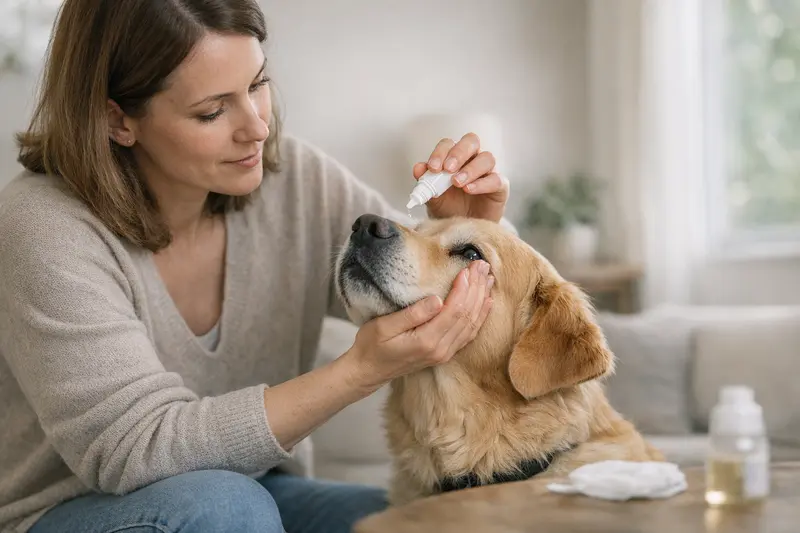 Tierarztberatung zu Medikamenten in der Tierkrankenversicherung Der Tierarzt erklärt einem Hundebesitzer die Medikamentenerstattung bei Augenoperationen.