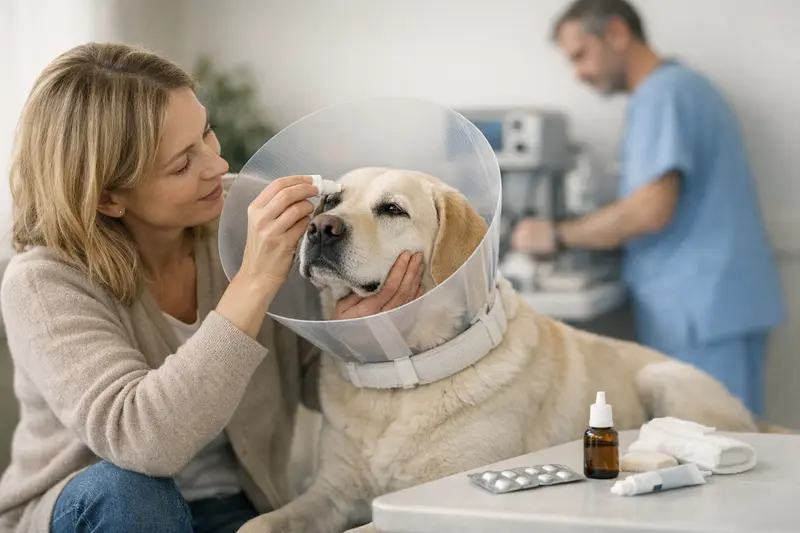 Augenoperation bei Hunden und tierärztliche Untersuchungen Tierarzt bei einer Augenoperation eines Hundes während einer Voruntersuchung.