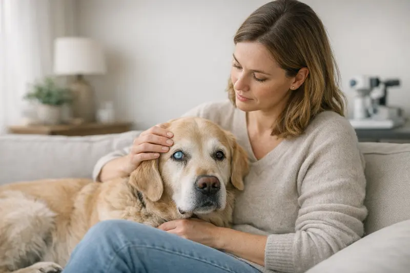Hund mit Augenproblemen beim Tierarzt Hundeaugenärztin untersucht einen Hund mit Augenproblemen.