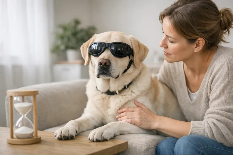Hundeaugen mit einer Schutzbrille, um Verletzungen und akute Augenfälle zu vermeiden.