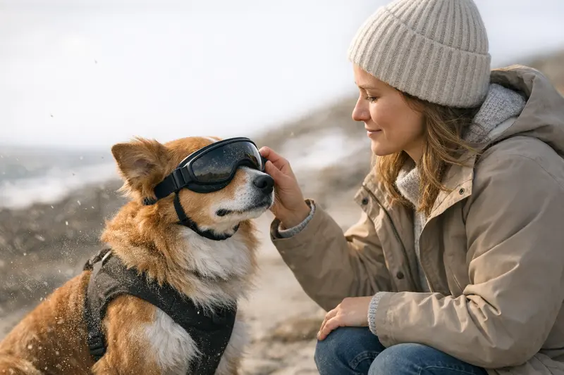 Hunde Schutzbrille im Einsatz Ein Hund mit einer Schutzbrille beim Spielen im Freien, geschützt vor Wind und Staub.