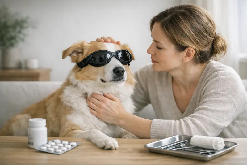 Eine Hundebesitzerin untersucht die Augen ihres Hundes mit einer Schutzausrüstung.