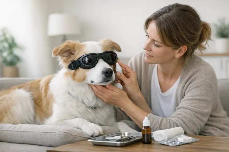 Tierarztuntersuchung bei Augenproblemen Eine Tierärztin untersucht die Augen eines Hundes für eine Augenbehandlung.