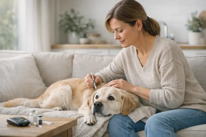 Tierarztuntersuchung bei Hund mit Diabetes Ein Hund wird von einem Tierarzt auf Diabetes untersucht.