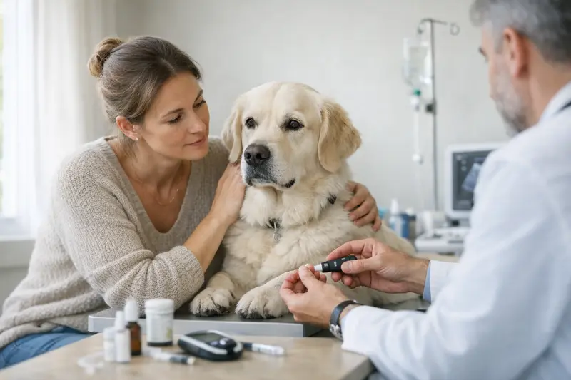 Tierarztkosten bei Hundediabetes Ein Tierarzt untersucht einen Hund mit Diabetes und erklärt die Kosten.
