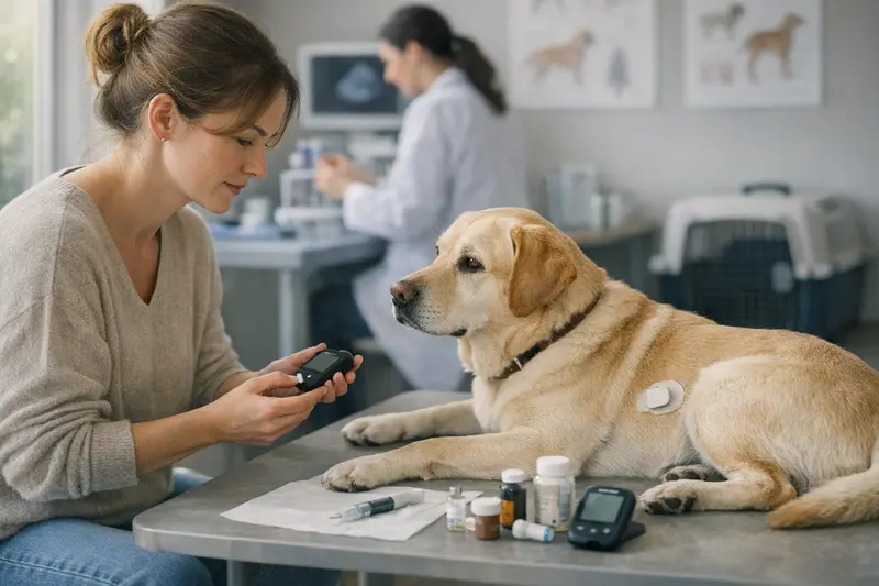 Ein Hund sitzt beim Tierarzt während der Diabeteskontrolle.