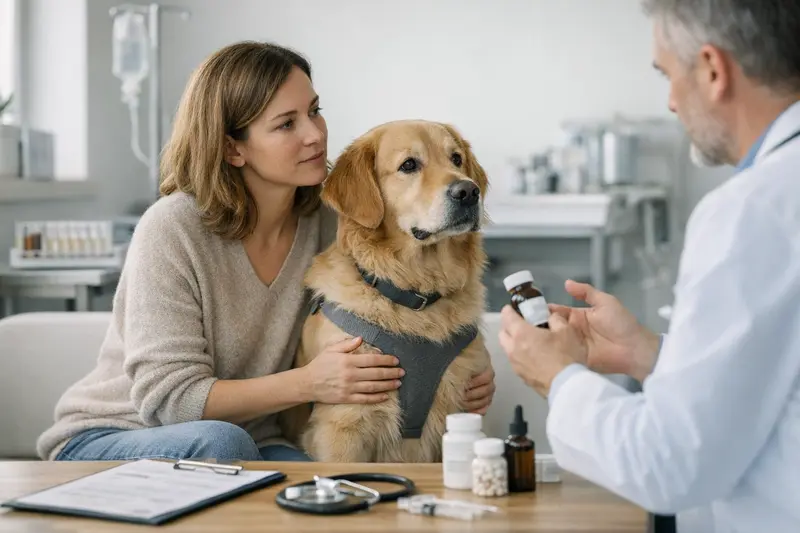 Hundehalter vergleicht verschiedene Tarife für eine Hundekrankenversicherung am Computer.