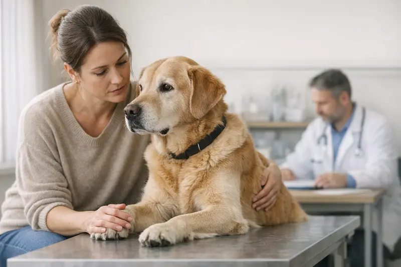Tierarztbesuch bei Symptomen Tierarzt untersucht einen Hund mit Symptomen, während die Hundebesitzerin besorgt zuschaut.
