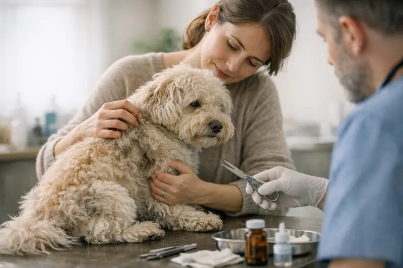 Verfilztes Hundewelpenfell Ein Hund mit verfilztem Fell, der beim Tierarzt untersucht wird, um mögliche gesundheitliche Probleme zu vermeiden.