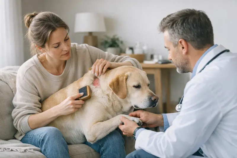 Ein Hund mit gesundem Fell wird liebevoll gepflegt, während seine Halterin auf Hautprobleme achtet.