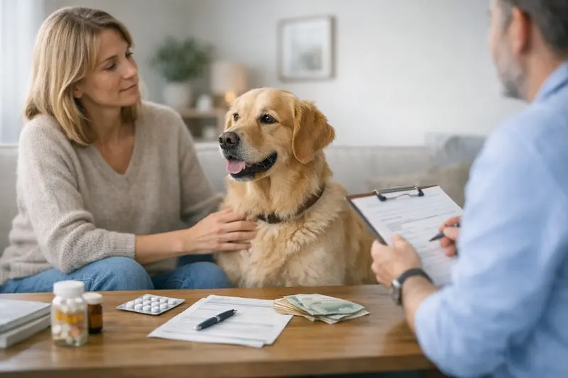 Tierkrankenversicherung prüfen vor Abschluss Eine Hundebesitzerin überprüft die Bedingungen einer Tierkrankenversicherung für ihren Hund.