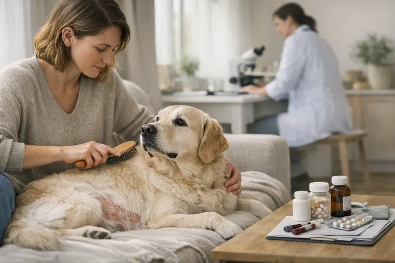 Tierarztuntersuchung von Hund mit Hautproblemen Hund mit glänzendem Fell, der beim Tierarzt untersucht wird, um Hautprobleme zu klären.