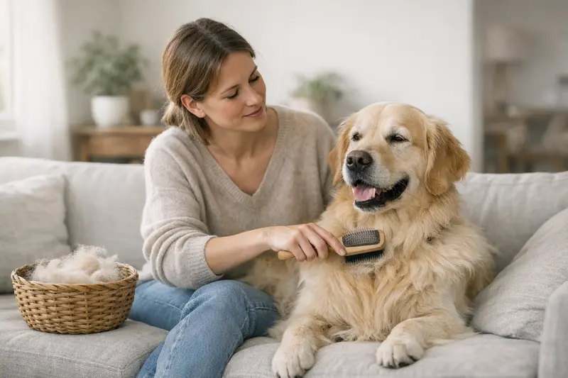 Fellpflege für Hunde Ein Hund wird sanft mit einer Bürste gepflegt, um sein Fell zu entwirren und zu reinigen.