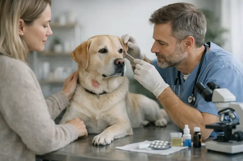 Tierärztliche Behandlung von Hund mit Hautproblemen Hund mit Hautproblemen während einer tierärztlichen Untersuchung zur Behandlung von Hauterkrankungen.