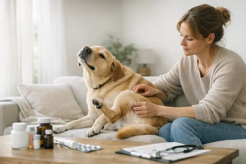 Ein Hund, der wegen Juckreiz zum Tierarzt gebracht wird, symbolisiert die Wichtigkeit der richtigen Tierkrankenversicherung.