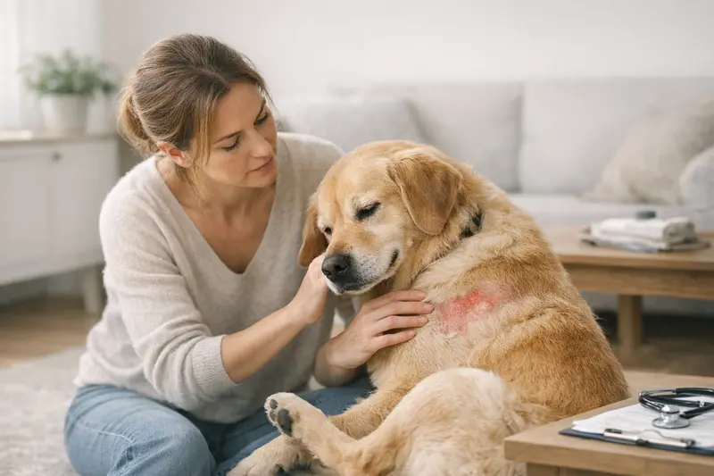 Hund mit Fellproblemen und Allergien Ein Hund mit Fellproblemen, der zum Tierarzt gebracht wird, symbolisiert allergiebedingte Hautirritationen.