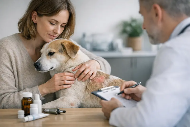 Diagnostik bei Hautproblemen - Hund im Fokus Hund beim Tierarzt, der Hautprobleme untersucht