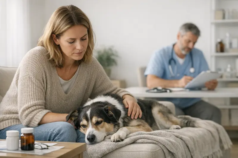 Tierarztgespräch zur Hundegesundheit Ein Hundebesitzer spricht mit einem Tierarzt über die Symptome seines Hundes und den Abschluss einer Krankenversicherung.