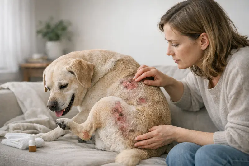 Eine Hundebesitzerin untersucht das Fell ihres Hundes auf Auffälligkeiten.