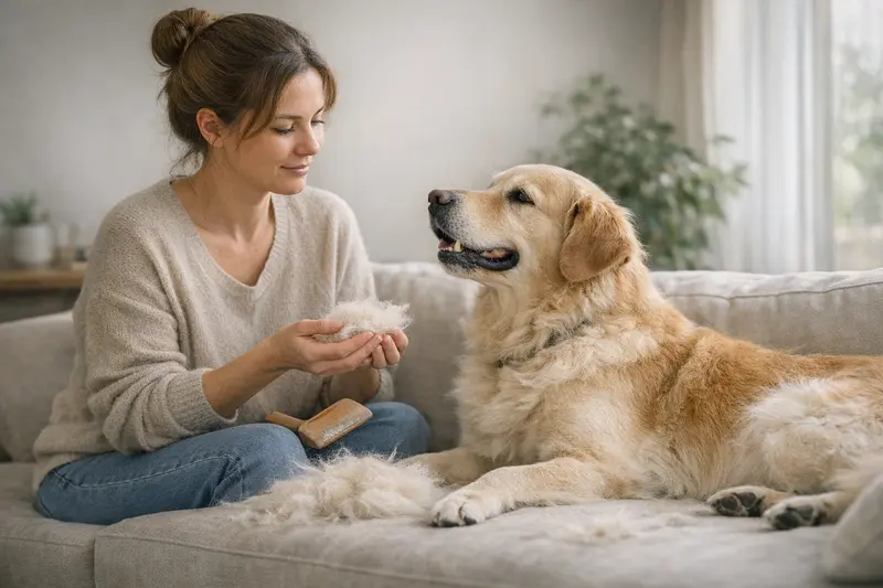 Fellwechsel beim Hund Ein Hund verliert sein Fell während des Fellwechsels in der Natur.