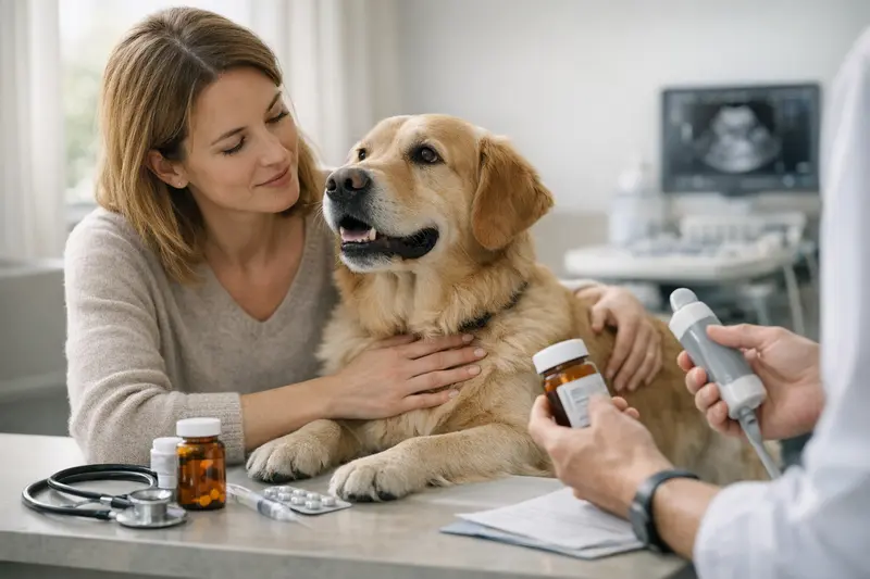 Tierarztbesuch zur Kostenklärung für Hundeversicherung Ein Hundebesitzer konsultiert seinen Tierarzt über die Kostendeckung für Diagnostik und Medikamente.
