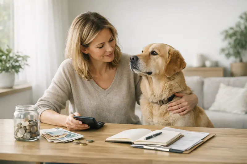 Hundeversicherung und Vorsorgebudget Eine glückliche Hundebesitzerin prüft die Tierarztkosten und optimale Vorsorgeoptionen für ihren Hund.