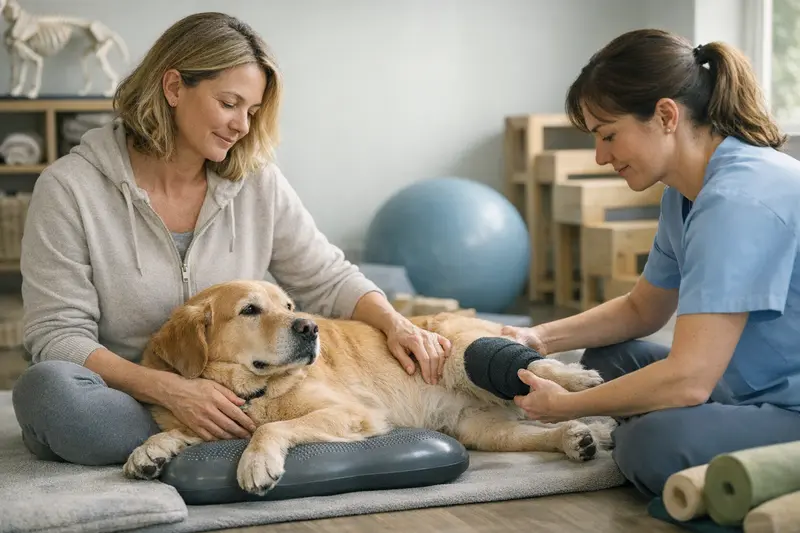 Hund bei der physiotherapeutischen Behandlung nach einer Operation.