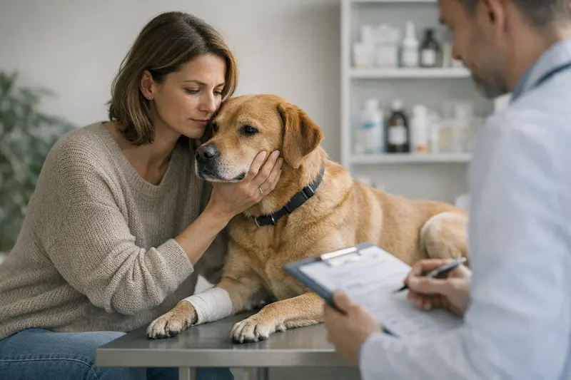 Vorerkrankungen und Hundeversicherung Tierarzt untersucht einen Hund mit Vorerkrankungen.