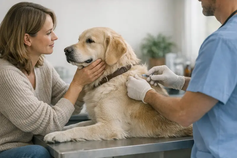 Hund zur Impfung beim Tierarzt Ein Hundebesitzer bringt seinen Hund zur Impfung beim Tierarzt.