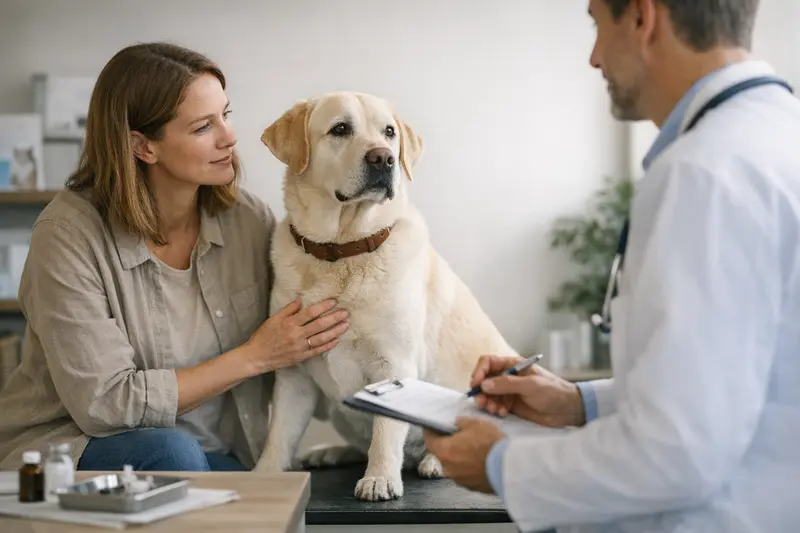 Ein gesunder Hund wartet entspannt auf seinen Impftermin beim Tierarzt.
